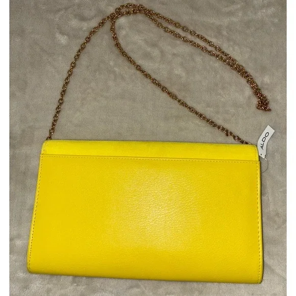Aldo Envelope Clutch/ Shoulder Bag Yellow Satin Faux Leather Chain Gold NEW - Picture 3 of 16